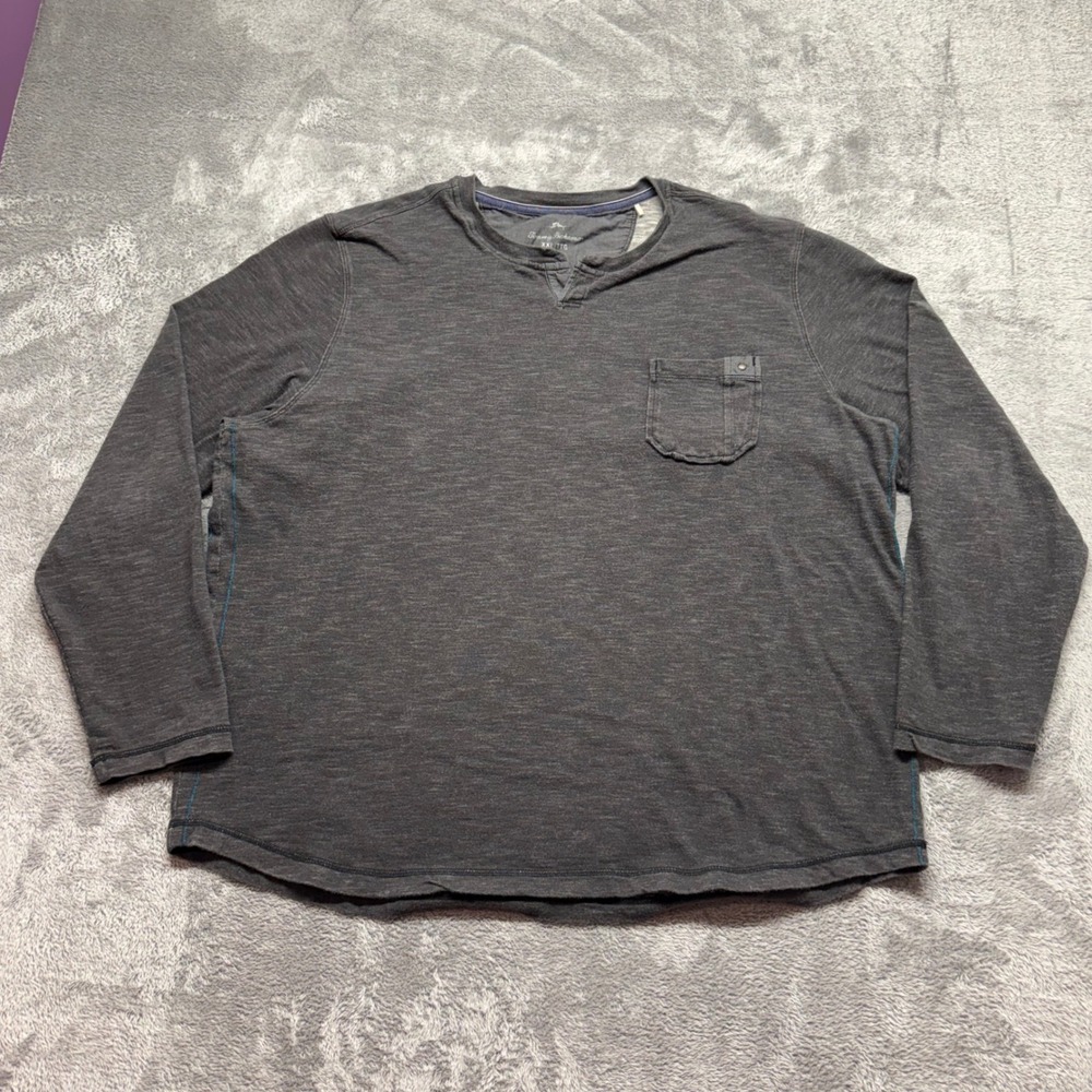 Tommy Bahama Henley Shirt Mens XXL Gray Good Long Sleeve Slub Knit Pocket
